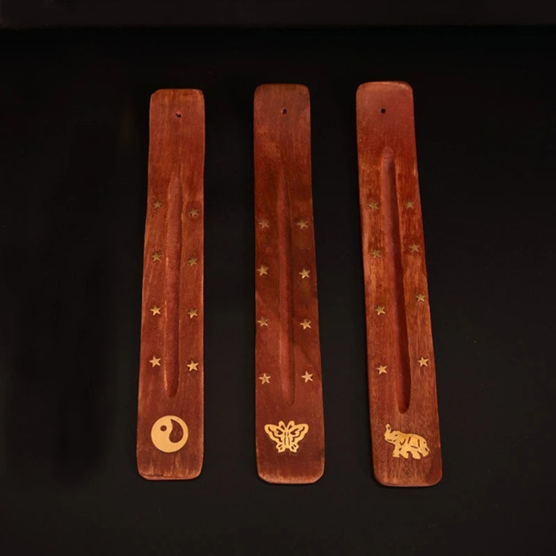 Porte-Encens en Bois à Incrustations Dorées – Planchette pour Bâtonnets d'Encens, Motif Éléphant ou Bouddha et Étoiles, Décoration Zen