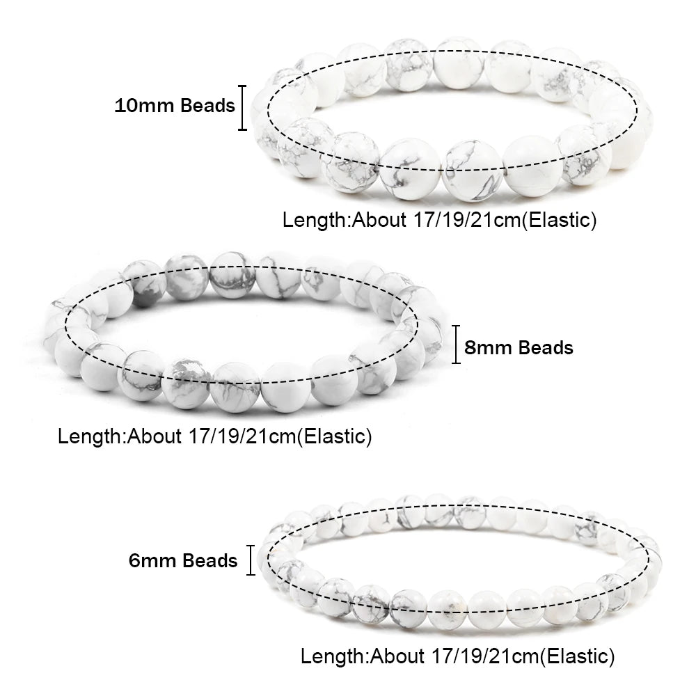 Bracelet Howlite Blanche Naturelle – Perles 6, 8 ou 10 mm, 17 à 21 cm, Femme et Homme