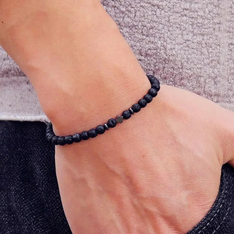 Bracelet Homme Fin Perles 4 mm et Croix – Onyx Mat, Lapis-Lazuli, Lave ou Jaspe Paysage