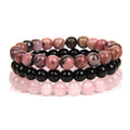 Lot de 3 Bracelets Rhodonite, Onyx Noir et Quartz Rose Femme – Perles Naturelles 8 mm, Élastiques, Bracelets Pierre Naturelle, Idée Cadeau