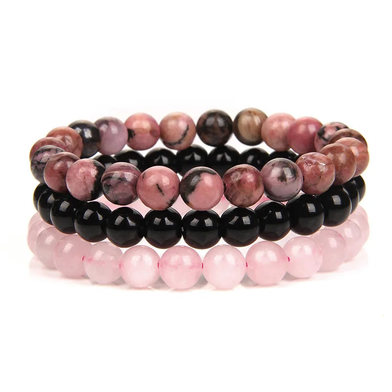 Lot de 3 Bracelets Rhodonite, Onyx Noir et Quartz Rose Femme – Perles Naturelles 8 mm, Élastiques, Bracelets Pierre Naturelle, Idée Cadeau