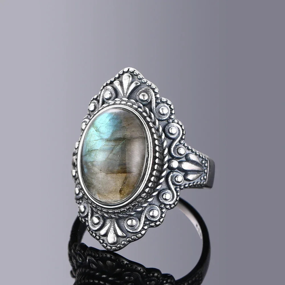 Bague Vintage Ovale en Pierre Naturelle – Labradorite, Pierre de Lune ou Lapis-Lazuli, Monture Ciselée