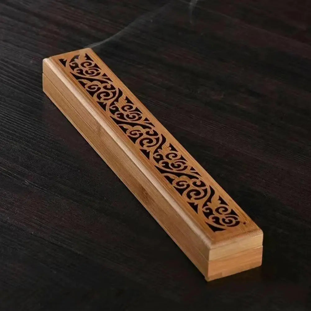 Boîte à Encens en Bambou Ajouré 23,5 cm – Brûleur d'Encens Couché avec Couvercle Sculpté, Récupère les Cendres, Décoration Zen, Idée Cadeau
