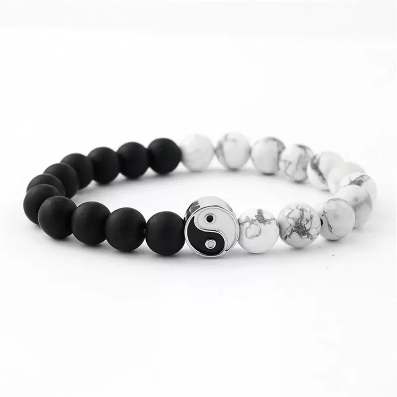 Bracelet Yin Yang Onyx Mat et Howlite – À l'Unité ou en Duo pour Couple, 17 à 21 cm