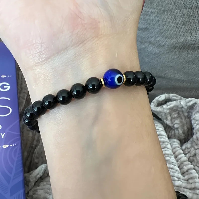 Bracelet Tourmaline Noire et Œil Turc – Perles 6 mm, Élastique, 19,5 cm, Unisexe