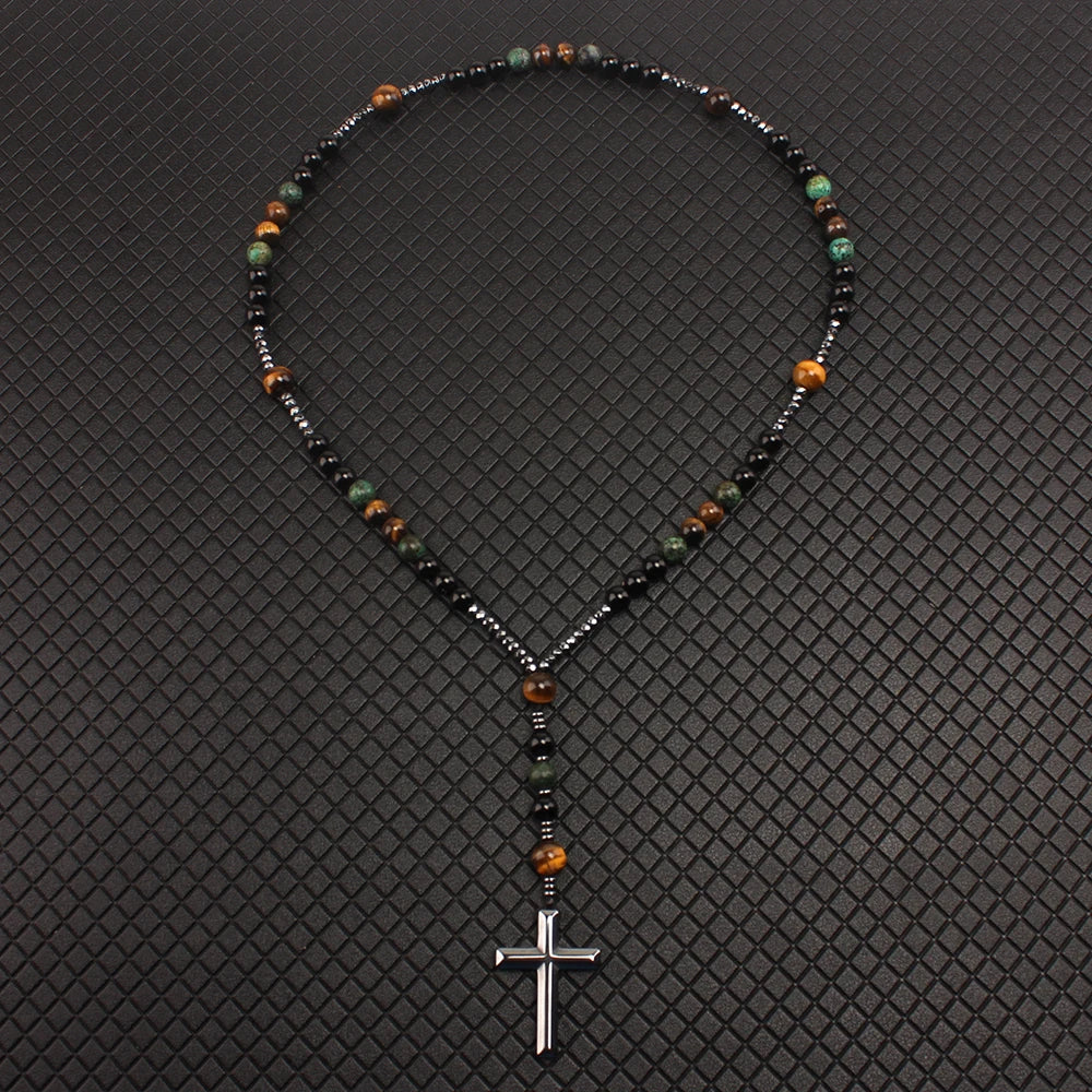 Collier Chapelet Croix en Hématite – Perles de Turquoise Africaine et Œil de Tigre, 60 cm