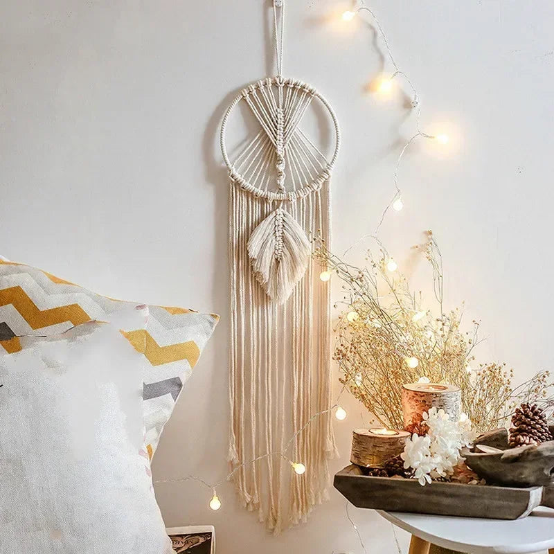 Attrape-Rêves en Macramé Feuille – Tenture Murale Bohème Écrue, 95 cm