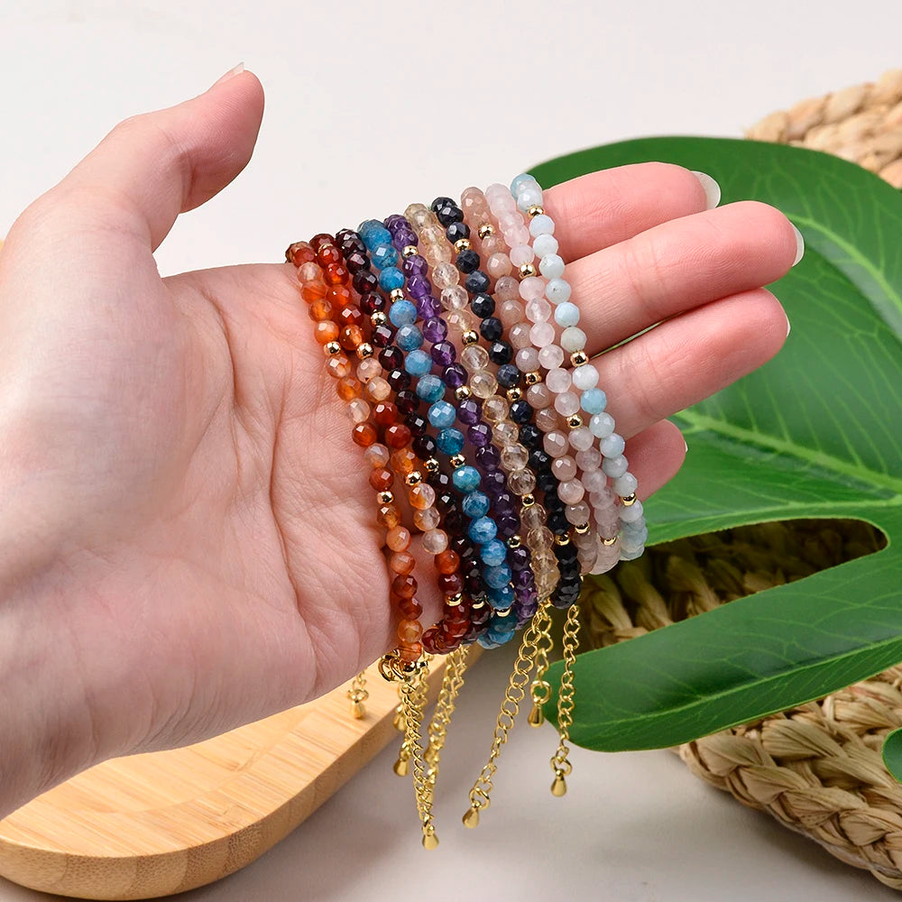 Bracelet Fin Perles Facettées 4 mm – Grenat, Cornaline, Pierre de Soleil… Fermoir Doré