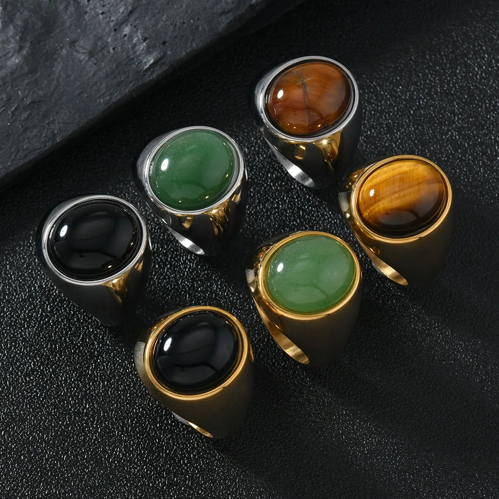 Chevalière Homme en Acier Inoxydable – Cabochon Onyx Noir, Œil de Tigre ou Aventurine, Argenté ou Doré