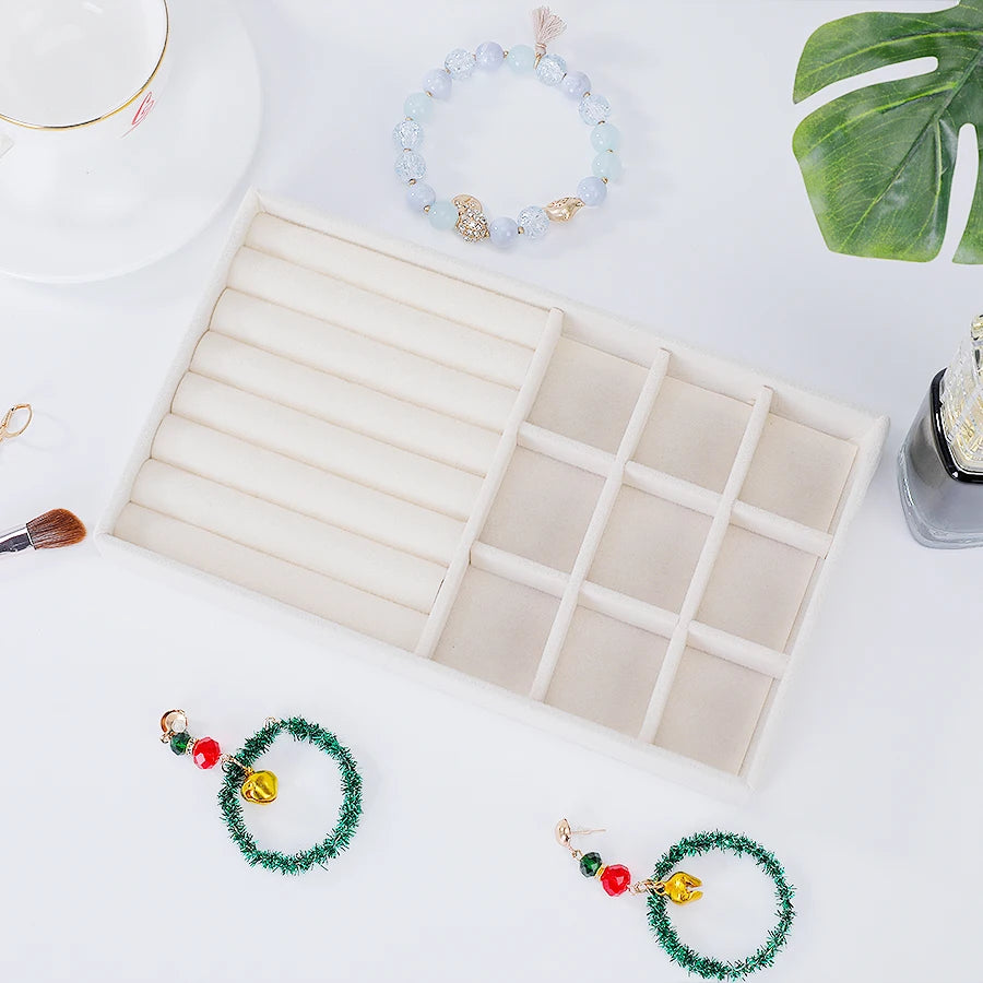 Plateau à Bijoux en Velours Beige – Organisateur Empilable pour Tiroir, Bagues, Bracelets et Boucles d'Oreilles, 9 Modèles de Compartiments