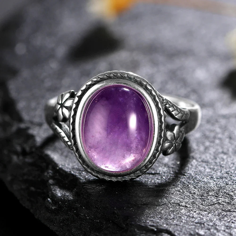 Bague Vintage Ovale en Pierre Naturelle – Monture Argentée Ciselée, Pierre de Lune, Labradorite, Charoïte…