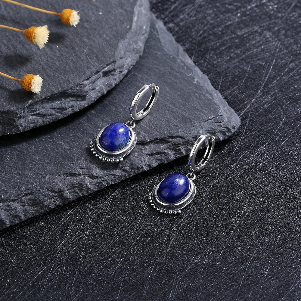 Boucles d'Oreilles Créoles Vintage à Cabochon Ovale – Pierre de Lune, Labradorite, Améthyste… Plaqué Argent