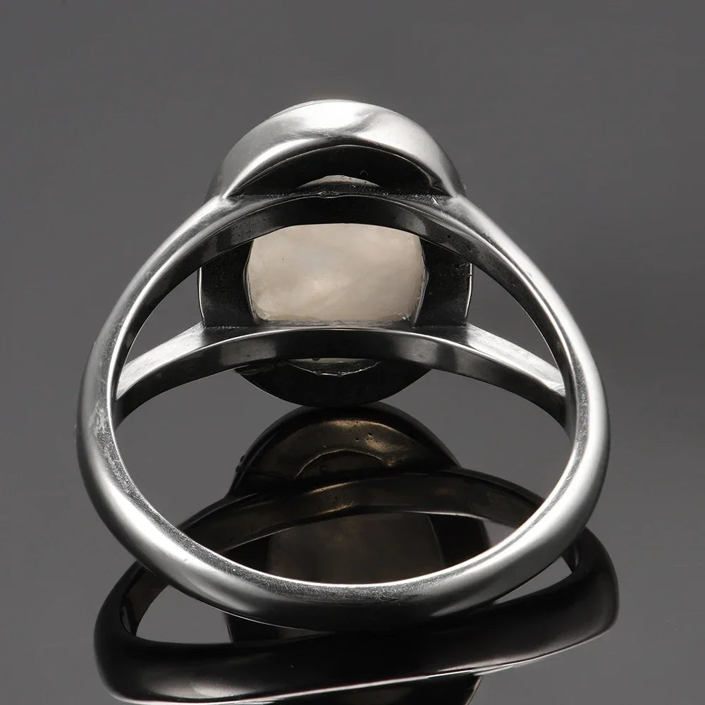 Bague Pierre de Lune Ovale en Argent – Anneau Double Ouvert, Reflets Bleutés, Tailles 52 à 62