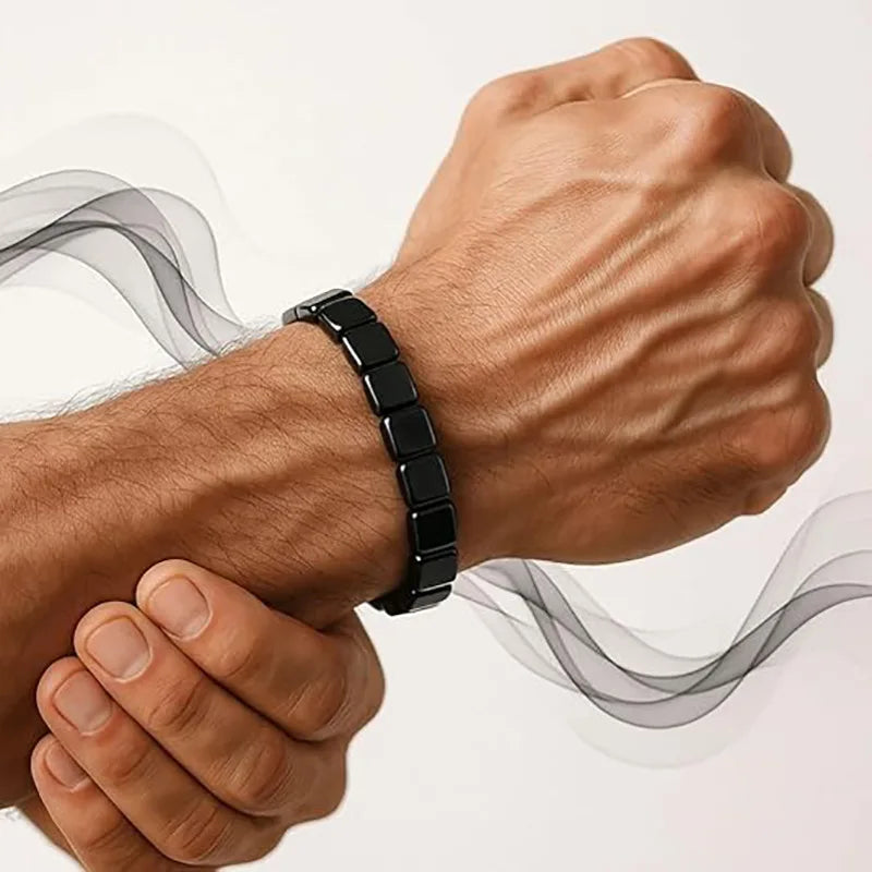 Bracelet Homme Hématite Perles Carrées Plates – Extensible, Noir Métallisé