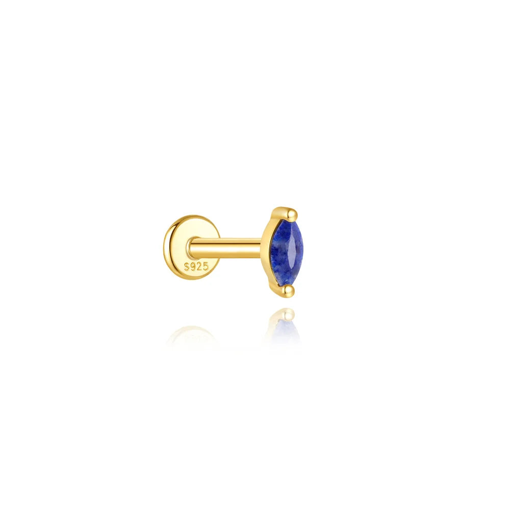 Piercing en Argent 925 et Lapis-Lazuli – Clou Plat Étoile, Fleur, Papillon, 16 Modèles Doré ou Argenté