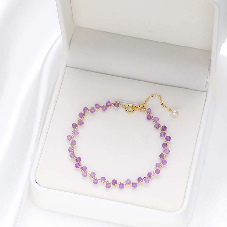 Bracelet Chaîne Dorée Perles Facettées 3 mm – Pierre Naturelle au Choix et Perle d'Eau Douce