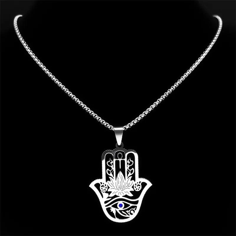 Collier Main de Fatma et Ankh en Acier Inoxydable – Lotus et Œil d'Horus, Doré ou Argenté, Unisexe