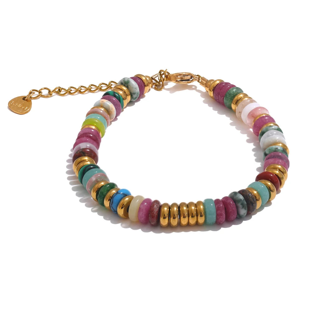 Bracelet Perles Heishi en Pierre Naturelle et Acier Doré – Œil de Tigre, Amazonite, 8 Pierres