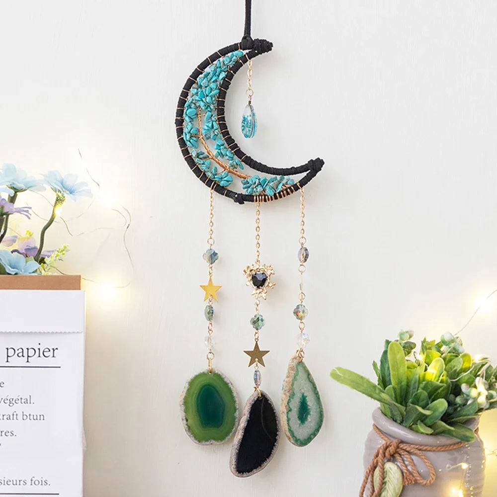 Attrape-Rêves en Pierres Naturelles et Tranches d'Agate – Lune ou Arbre de Vie, 29 Modèles, Décoration Murale