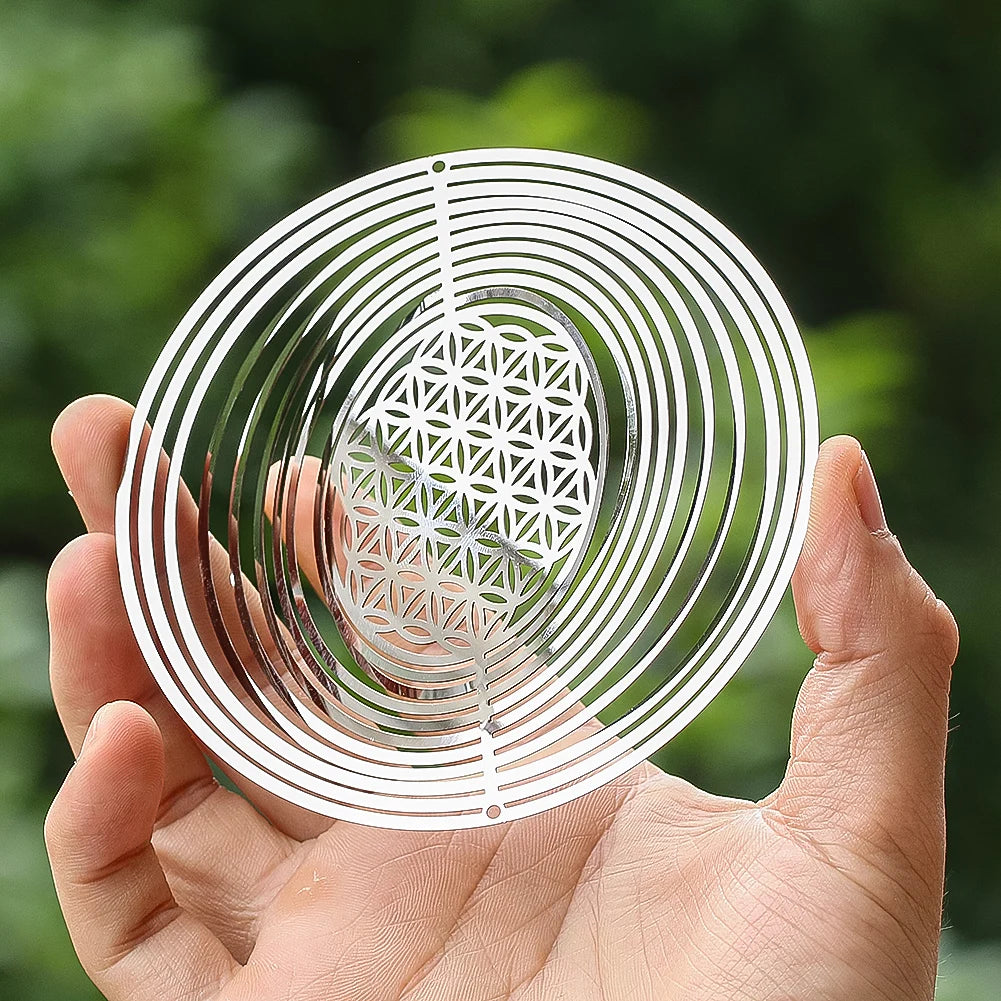 Mobile Fleur de Vie 3D en Acier – Spirale Rotative Miroir 10 cm, Déco de Fenêtre et Jardin