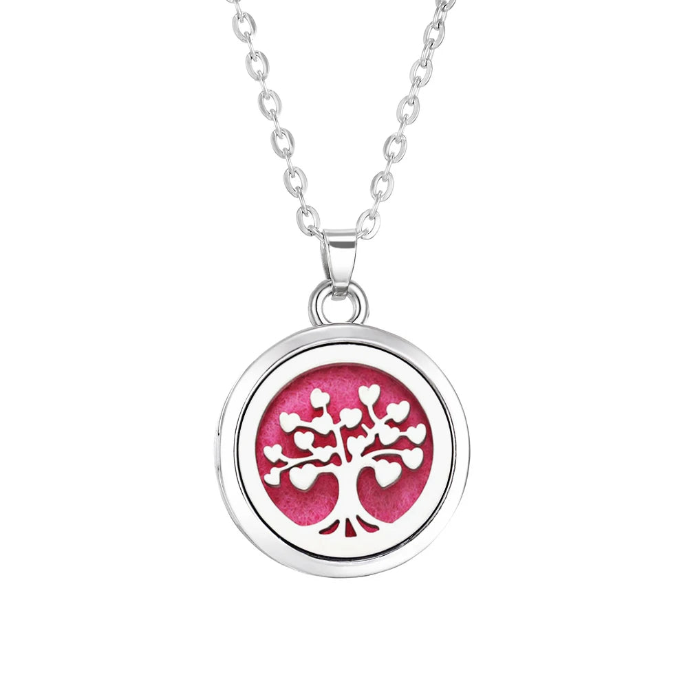 Collier Diffuseur d'Huiles Essentielles en Acier – Médaillon Arbre de Vie, Lotus, Fleur de Vie, 15 Motifs