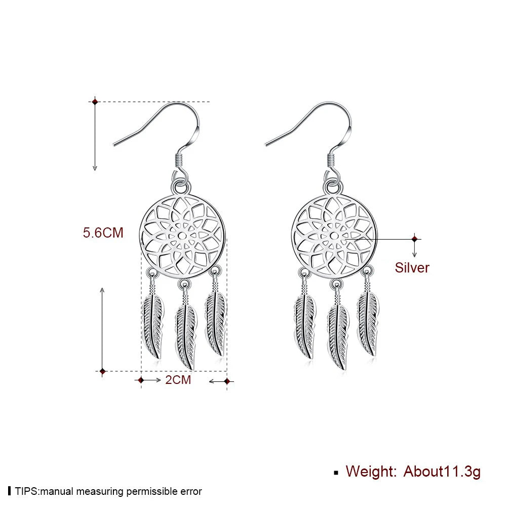 Boucles d'Oreilles Attrape-Rêves en Argent 925 – Cercle Tissé et Plumes Ajourées