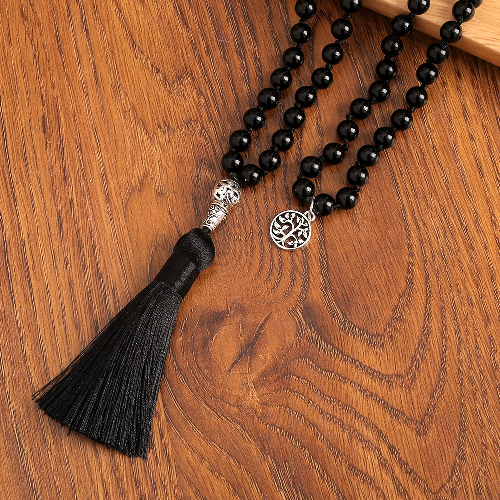 Mala 108 Perles Onyx Noir 8 mm – Collier de Méditation à Pompon, Pendentif Arbre de Vie