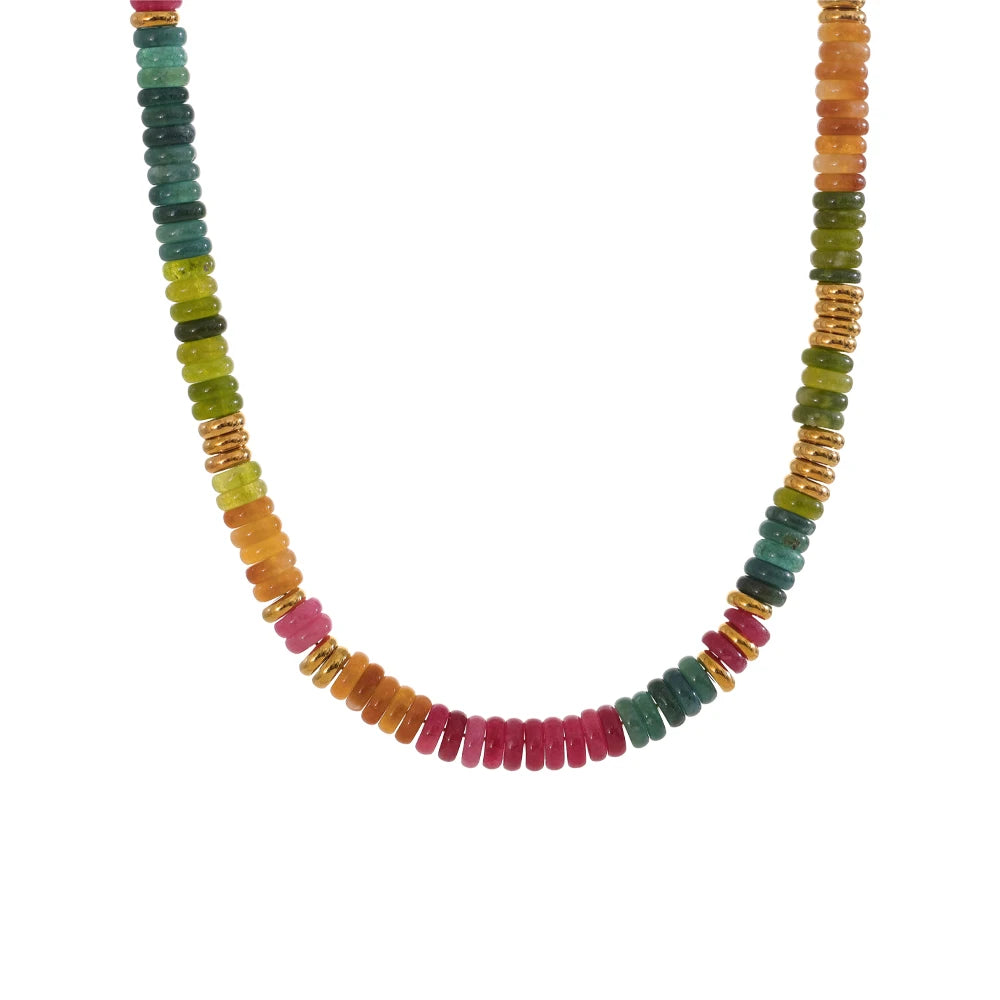 Collier Perles Heishi en Pierre Naturelle et Acier Doré – Ras du Cou Bohème, 10 Pierres au Choix
