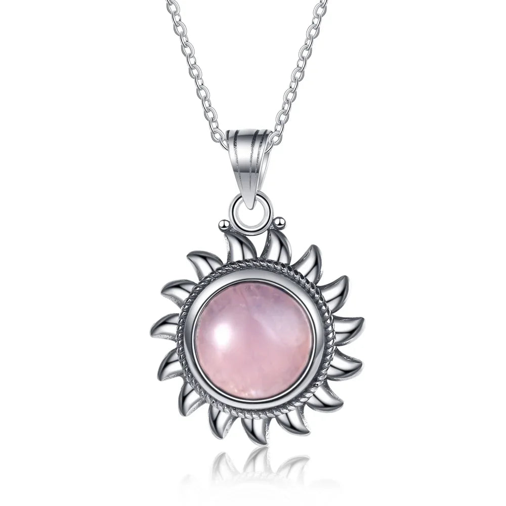 Collier Soleil Argent 925 – Lapis-Lazuli, Améthyste, Pierre de Lune ou Quartz Rose, Style Vintage