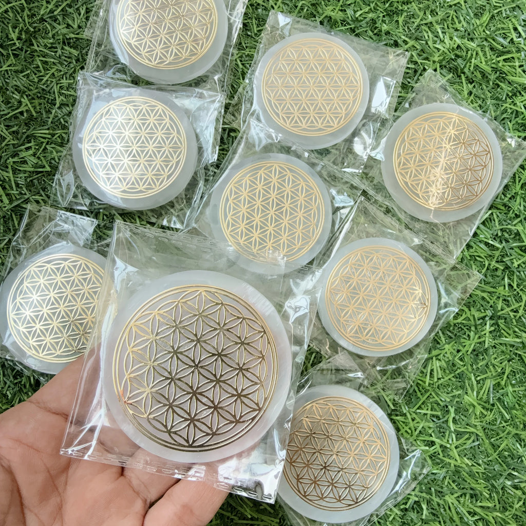 Plaque de Sélénite Fleur de Vie – Disque de Rechargement pour Pierres et Bijoux