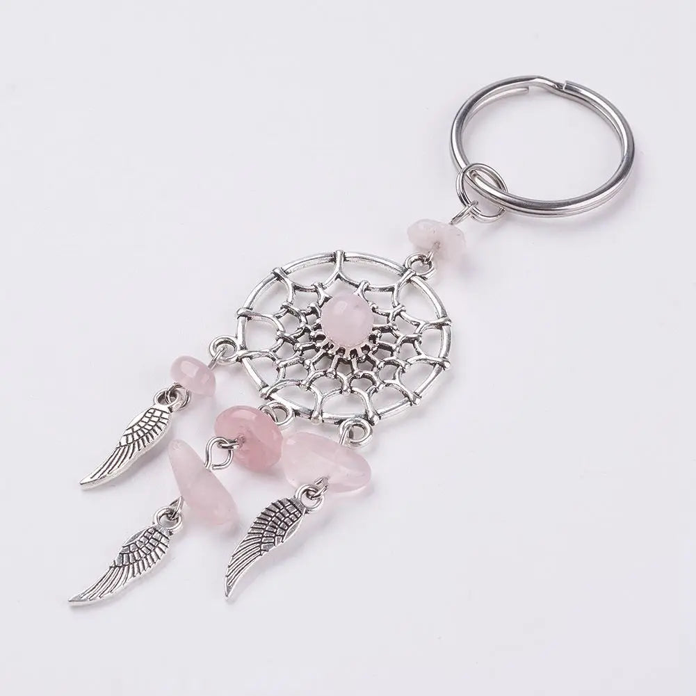 Porte-Clés Attrape-Rêves avec Éclats de Pierres et Plumes – Améthyste, Quartz Rose ou Aventurine