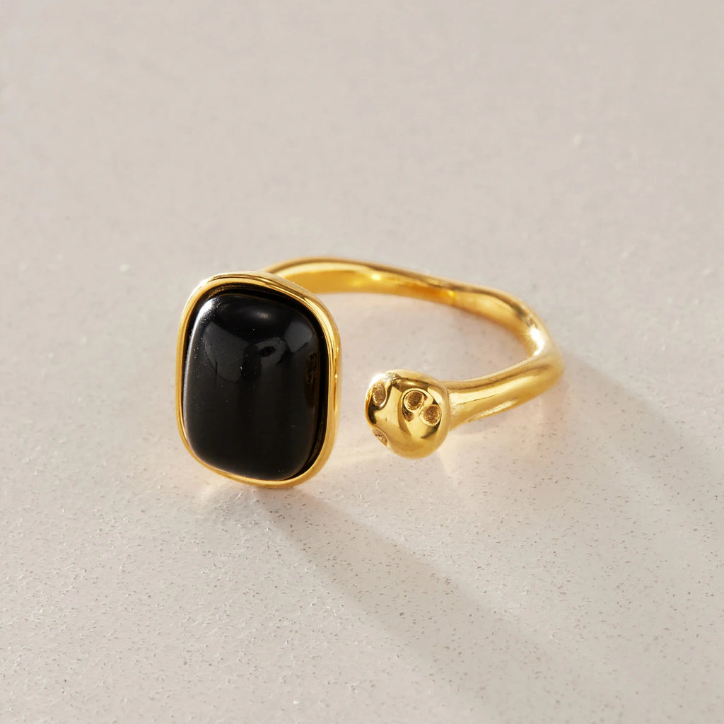 Bague Obsidienne Noire Ajustable – Acier Inoxydable Plaqué Or 18 Carats, Femme