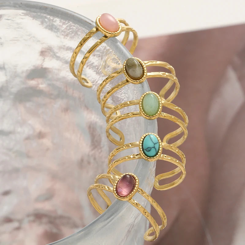 Bague Pierre Naturelle Ajustable – Acier Inoxydable, Style Vintage, 5 Pierres au Choix