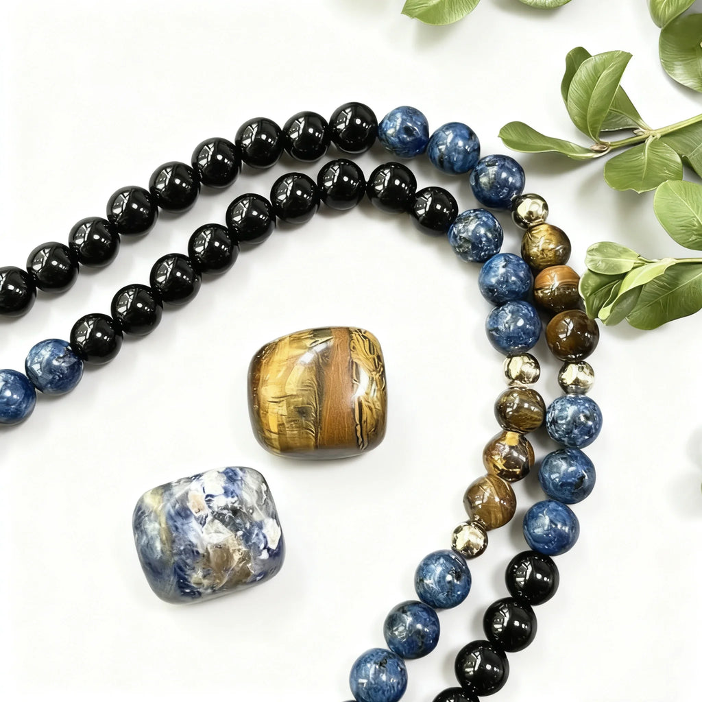 Mala 108 Perles Onyx Noir, Sodalite et Œil de Tigre 8 mm – Collier de Méditation à Pompon