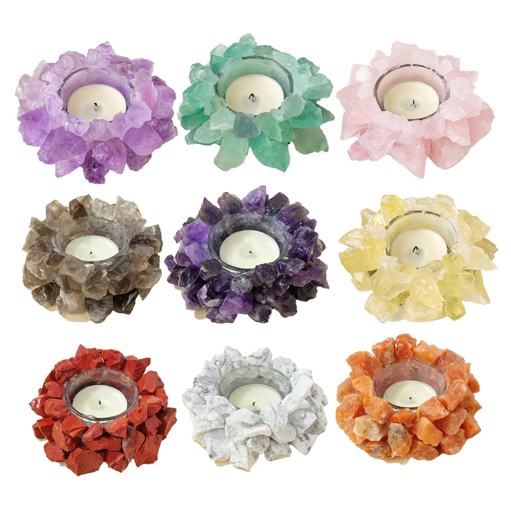 Bougeoir en Pierre Brute Naturelle – Photophore Cristal, Améthyste, Quartz Rose, Pierre de Soleil…