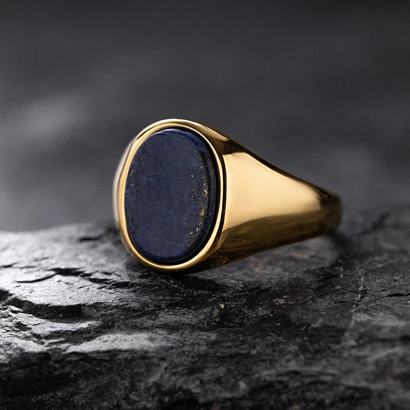 Chevalière en Acier Inoxydable Doré et Pierre Naturelle – Œil de Tigre, Onyx ou Lapis-Lazuli