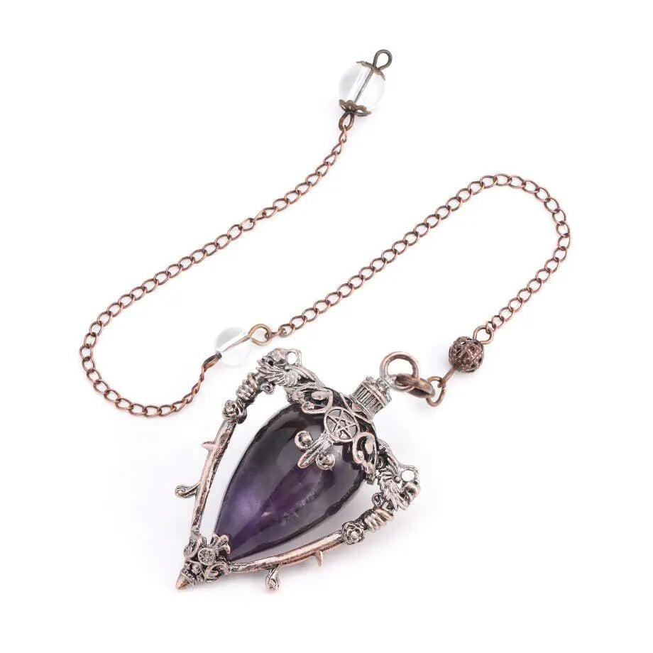 Grand Pendule Vintage en Pierre Naturelle – Cœur Serti Monture Cuivrée, Obsidienne, Améthyste, Labradorite…