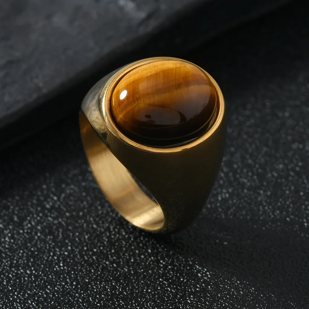 Chevalière Homme en Acier Inoxydable – Cabochon Onyx Noir, Œil de Tigre ou Aventurine, Argenté ou Doré