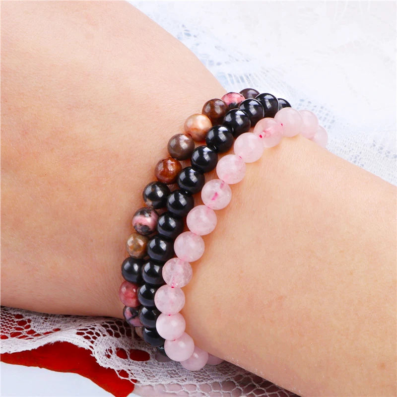 Lot de 3 Bracelets Rhodonite, Onyx Noir et Quartz Rose Femme – Perles Naturelles 8 mm, Élastiques, Bracelets Pierre Naturelle, Idée Cadeau