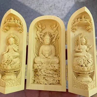Triptyque Bouddhiste en Bois Sculpté – Autel Portable Pliant à 3 Volets, 11 Modèles
