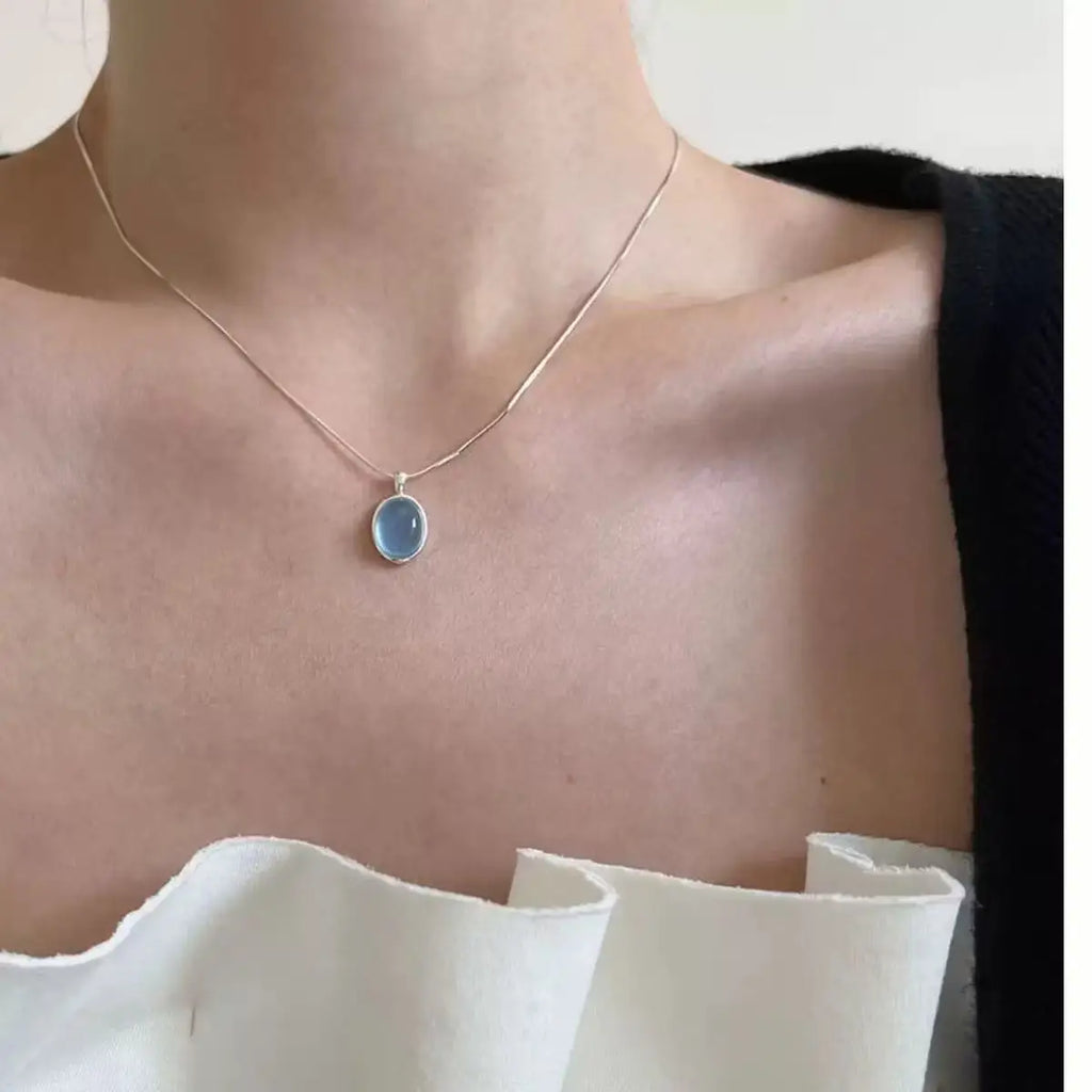 Collier Argent 925 Pendentif Aigue-Marine Ovale – Chaîne Serpent, Minimaliste