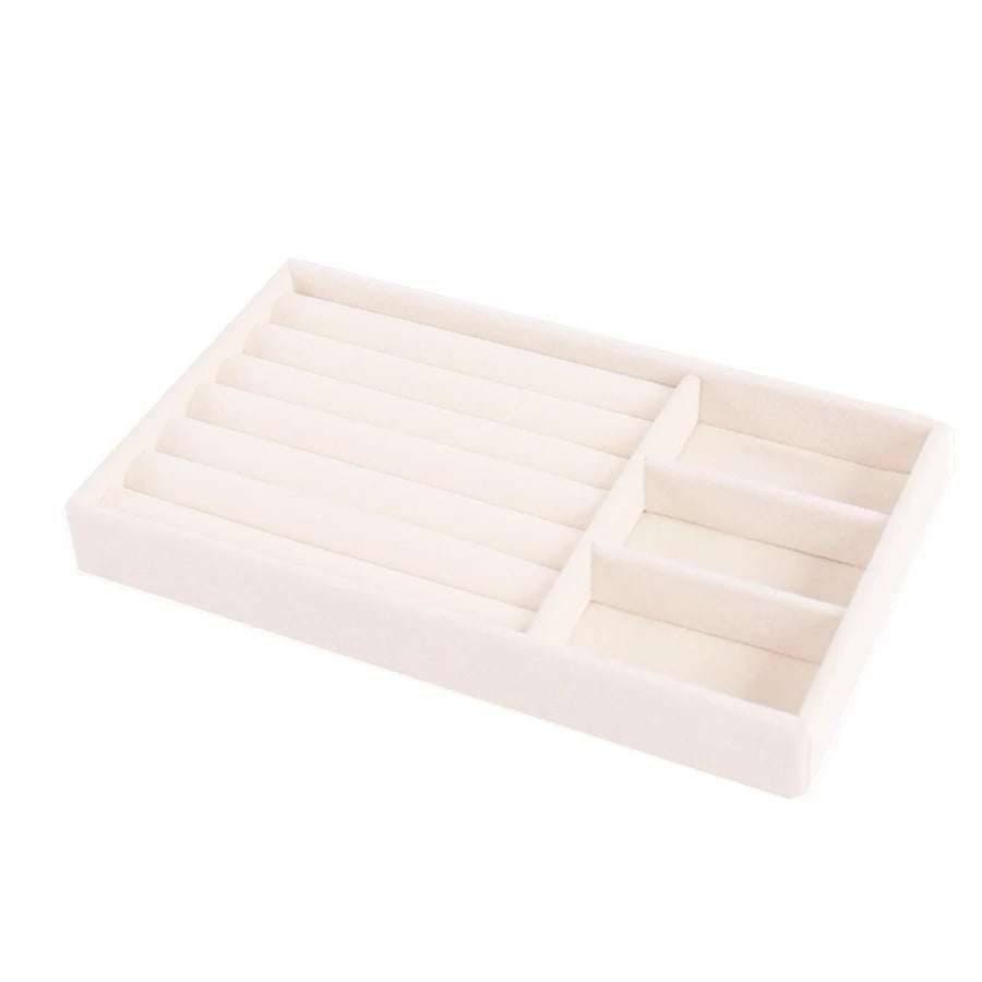 Plateau à Bijoux en Velours Beige – Organisateur Empilable pour Tiroir, Bagues, Bracelets et Boucles d'Oreilles, 9 Modèles de Compartiments