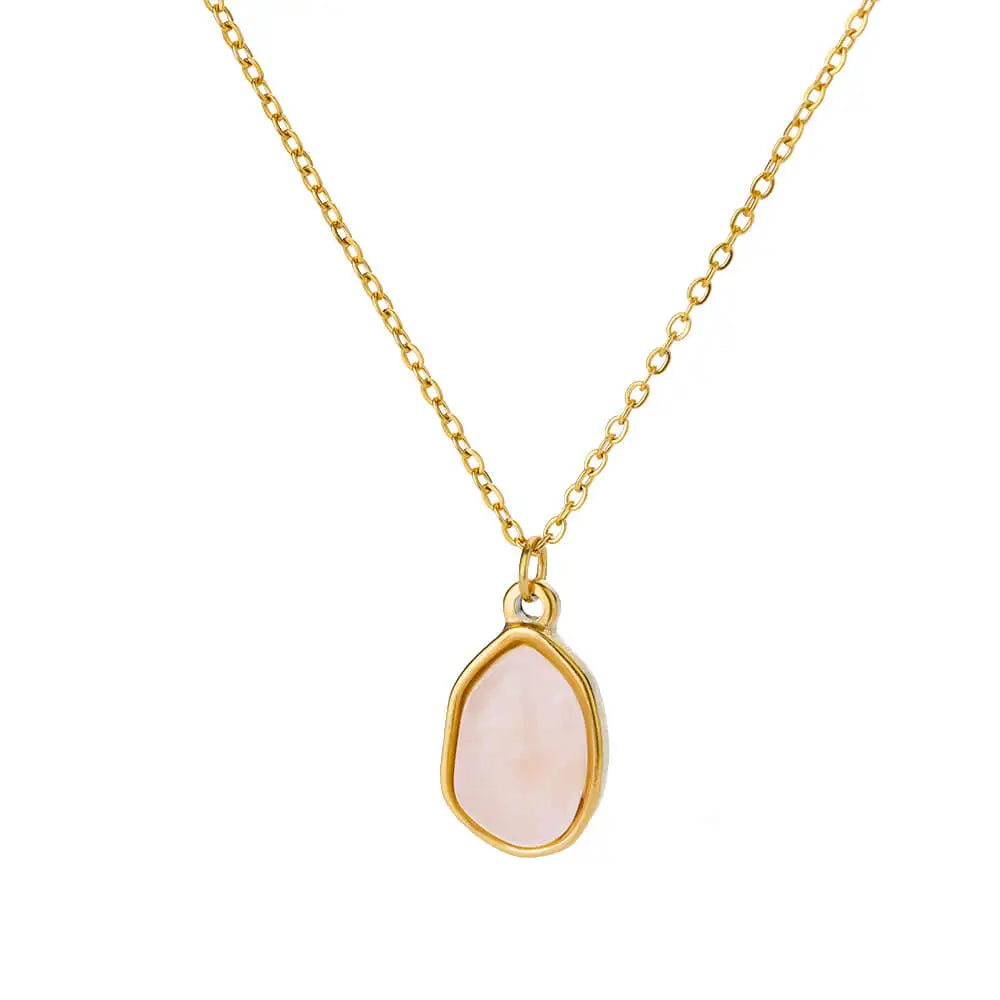 Collier Pendentif Ovale en Pierre – Acier Inoxydable Doré, Chaîne 45 cm, 13 Modèles