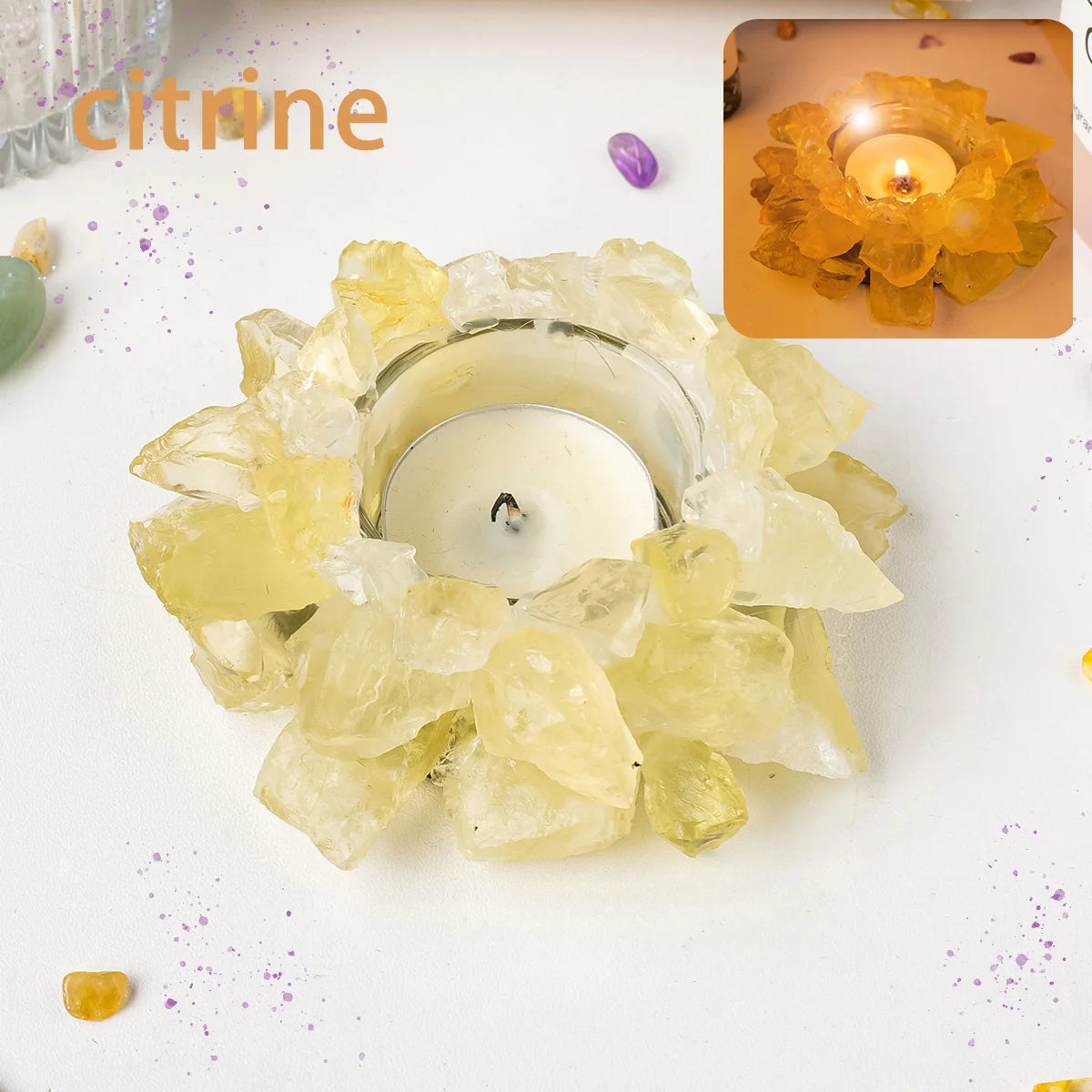Bougeoir en Pierre Brute Naturelle – Photophore Cristal, Améthyste, Quartz Rose, Pierre de Soleil…