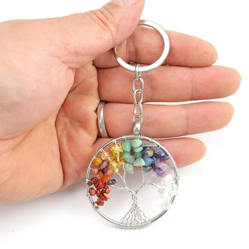Porte-Clés Arbre de Vie en Éclats de Pierres Naturelles – Doré ou Argenté, Bijou de Sac