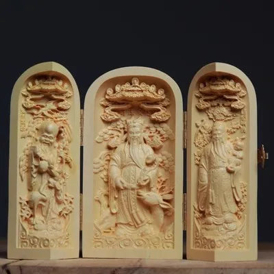 Triptyque Bouddhiste en Bois Sculpté – Autel Portable Pliant à 3 Volets, 11 Modèles