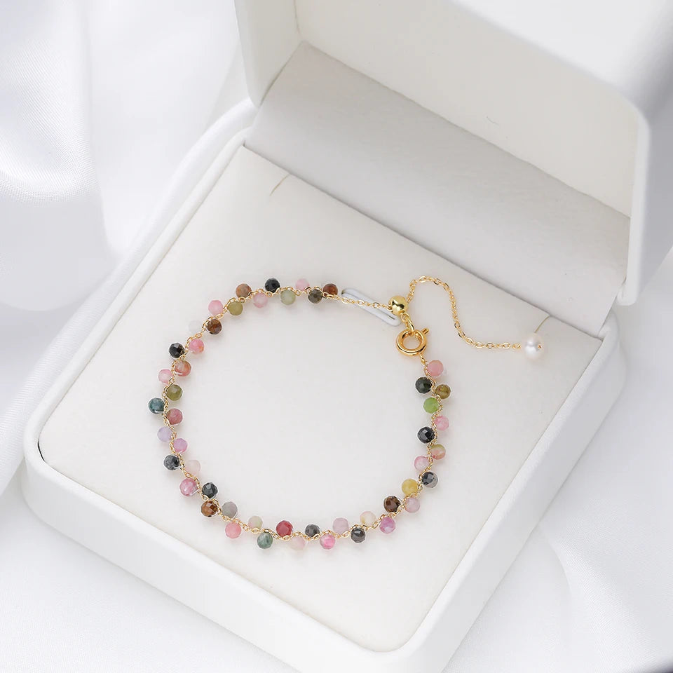 Bracelet Chaîne Dorée Perles Facettées 3 mm – Pierre Naturelle au Choix et Perle d'Eau Douce