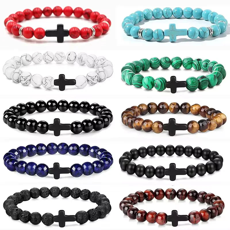 Bracelet Croix en Pierre Naturelle 8 mm – Œil de Tigre, Onyx, Howlite ou Pierre de Lave
