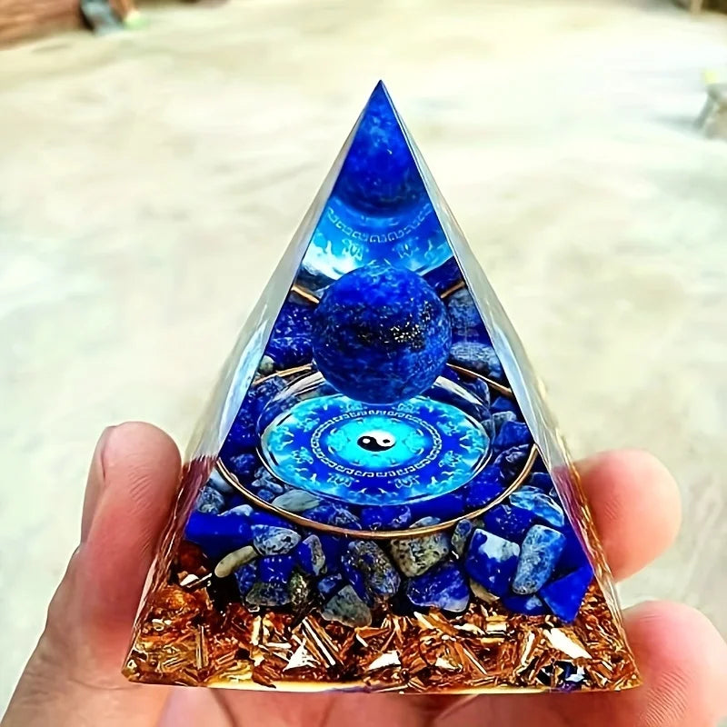 Pyramide d'Orgonite Lapis-Lazuli – Sphère et Symbole Yin Yang, Décoration de Chevet