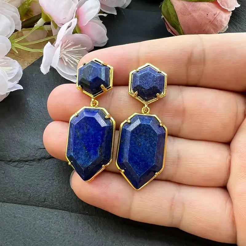Boucles d'Oreilles Hexagonales en Pierre Naturelle Facettée 45 mm – Monture Dorée, 7 Pierres